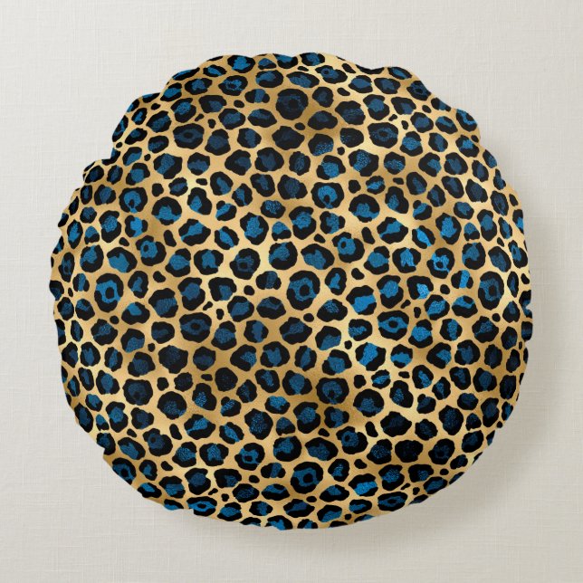 Almofada Redonda Série Blue and Gold Leopard Design 4 (Frente)