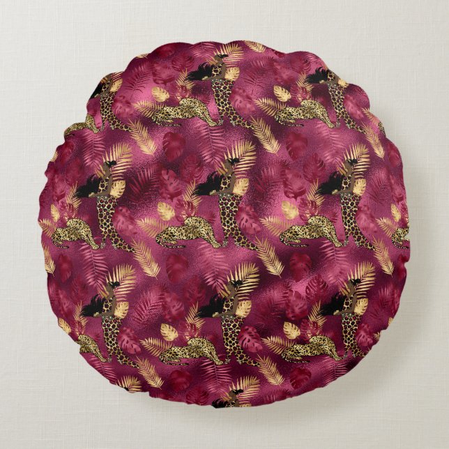 Almofada Redonda Série Burgundy e Gold Leopard Design 10 (Frente)