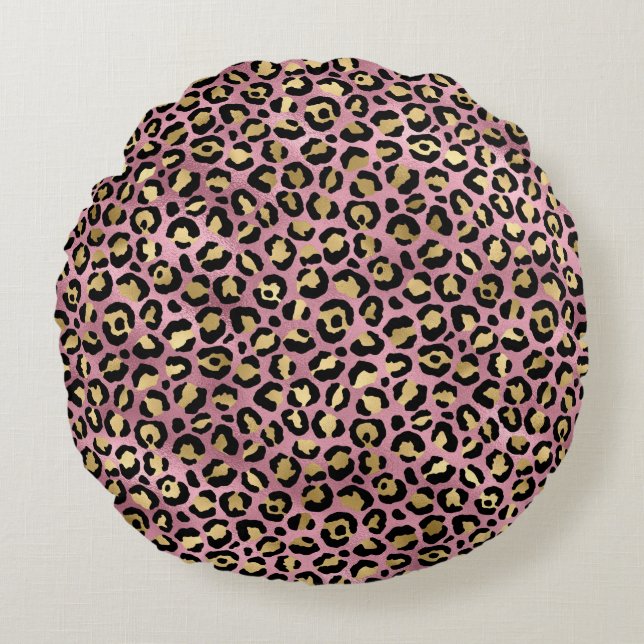 Almofada Redonda Série de Design Leopardo Rosa e Dourado 15 (Frente)
