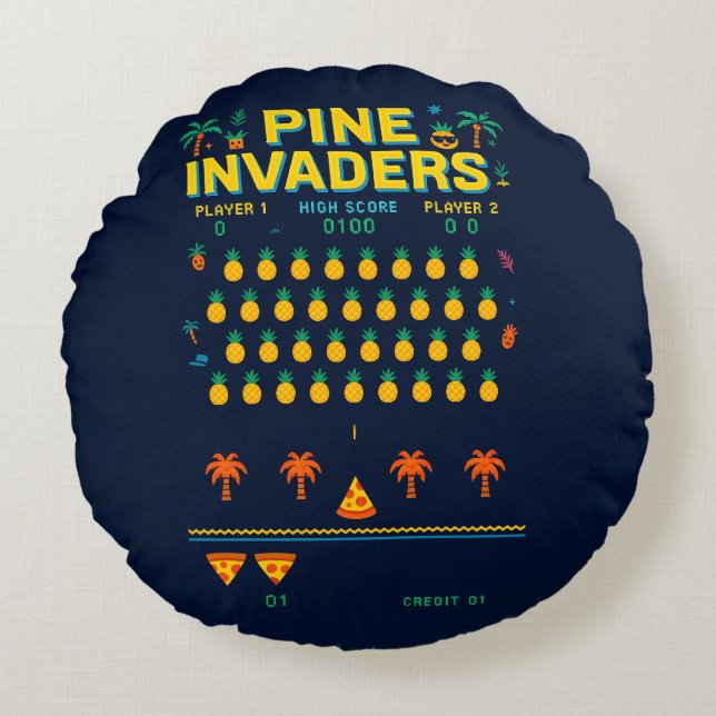Almofada Redonda Série Pine Invaders-Pineapple Empire Retro Games (Frente)
