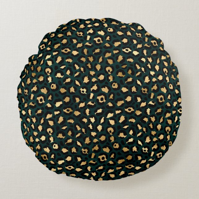Almofada Redonda Série Teal e Dourado Leopardo Design 1 (Frente)