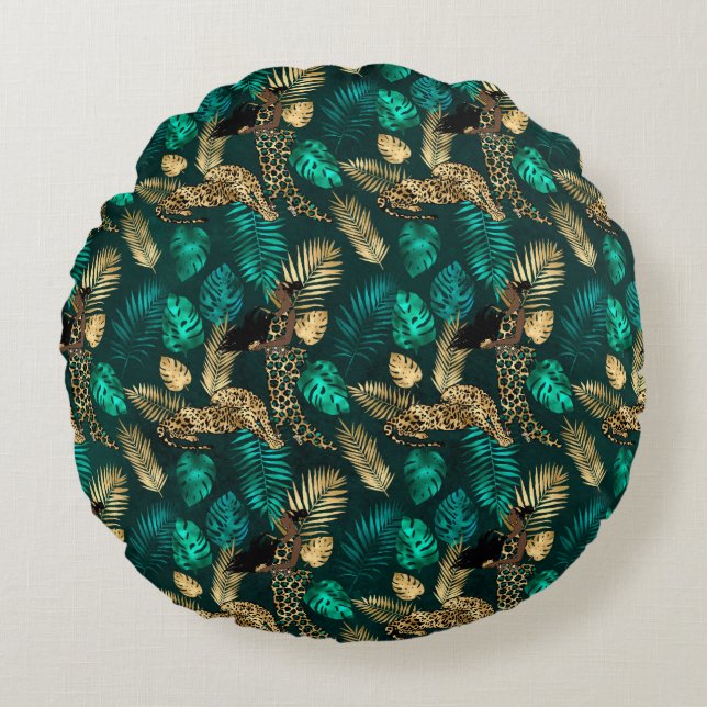 Almofada Redonda Série Teal e Dourado Leopardo Design 7 (Frente)