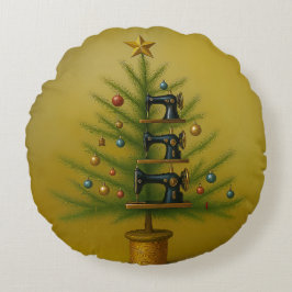 Almofada Redonda Sewing machine Christmas tree Happy Crafty Xmas