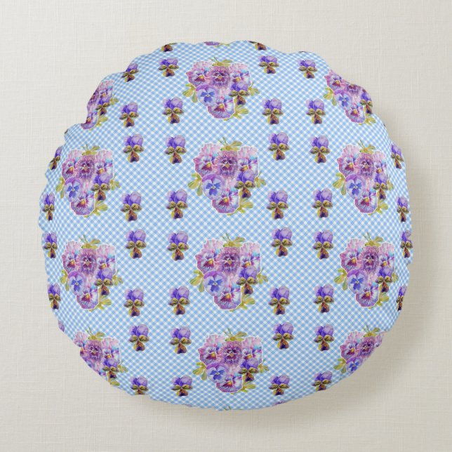 Almofada Redonda Shabby Pansy Floral Blue Gingham Flowers Retro (Frente)