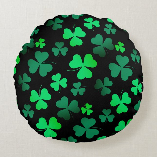 Almofada Redonda Shamrock Clover Ireland Modern Green & Black (Frente)