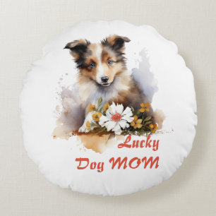 Almofada Redonda Shetland Sheepdog Puppy Pet Watercolor Fllower