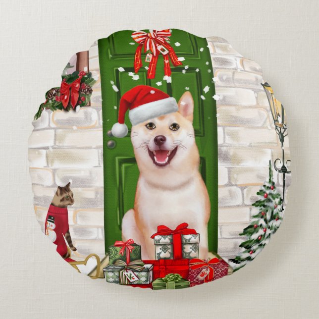 Almofada Redonda Shiba Inu Dog Natal (Frente)