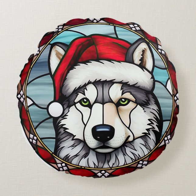 Almofada Redonda Siberian Husky Vidro Pintado Natal (Frente)