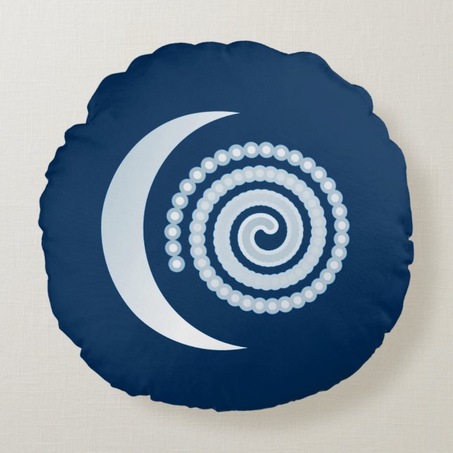 Almofada Redonda Silver Moon Spiral em azul escuro (Frente)