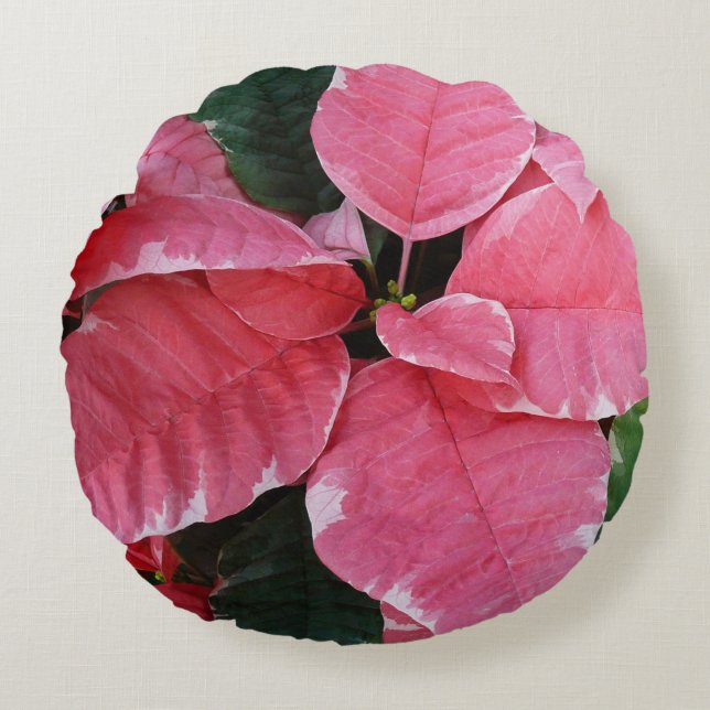 Almofada Redonda Silver Star Marble Poinsettias Feriado Rosa Floral (Frente)