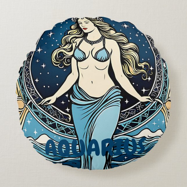 Almofada Redonda Símbolo de Astrologia Aquarius (Frente)