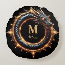 Almofada Redonda 🐉 Símbolo de Fantasia de Dragão com Nome Personal