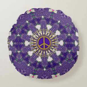 Almofada Redonda Símbolo de Paz Roxo e Dourado Mandala