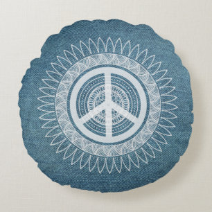 Almofada Redonda Símbolo de sinal PEACE Jeans Mandala Hippie Daisy