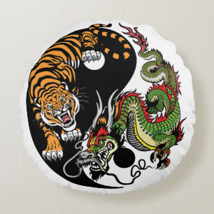 Almofada Redonda símbolo do dragão e do tigre yin yang