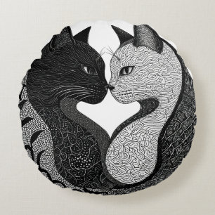Almofada Redonda Símbolo Yin Yang de Gato Preto e Branco