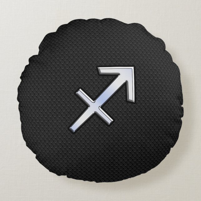 Almofada Redonda Símbolo Zodíaco Sagitário na pele de cobra preto (Frente)