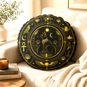 Almofada Redonda Símbolos Egípcios Antigos Padrão Dourado Preto Lux