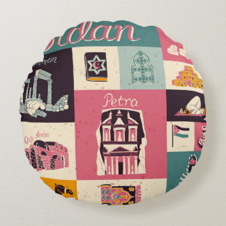 Almofada Redonda Símbolos Ilustrados Retro-Cultura Da Jordânia