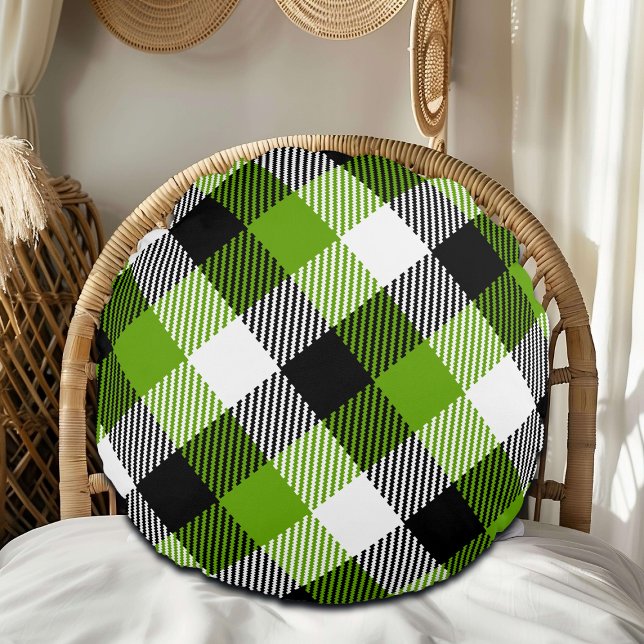 Almofada Redonda Simples Xadrezes Tartan Neon Green (Criador carregado)