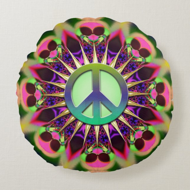 Almofada Redonda Sinal de Paz Alien Rosa Groovy (Frente)