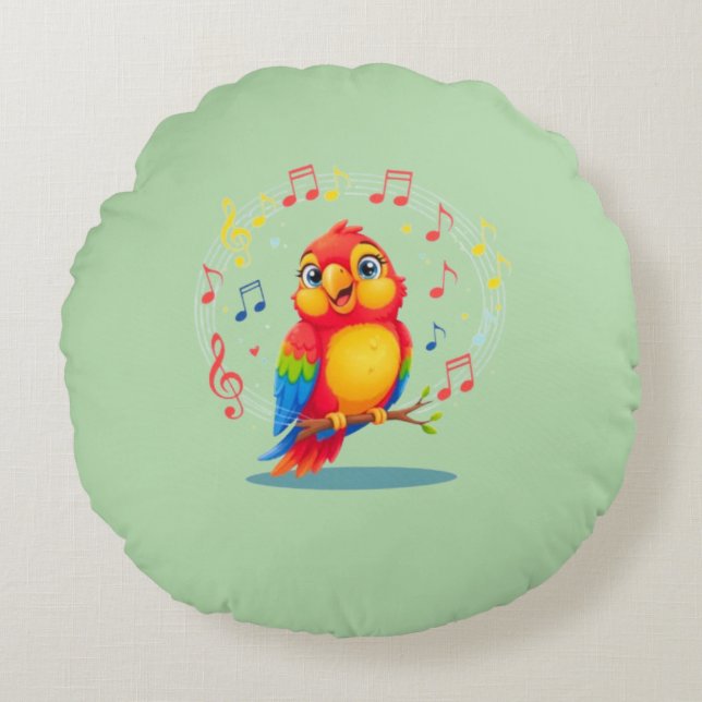 Almofada Redonda **Singing Parrot – Cute Parrot Singing Illustratio (Frente)