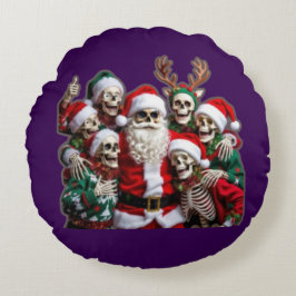 Almofada Redonda Skeleton Santa Christmas Group Photo – Festive 3D 