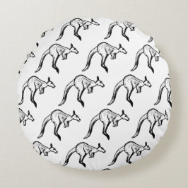 Almofada Redonda Sketch de canguru preto-e-branco saltando