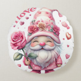 Almofada Redonda Smiling Gnome Holding a Pink Rose 