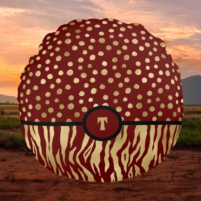 Almofada Redonda Snazzy Animal Print Inspira Dourado castanho e pre (Criador carregado)