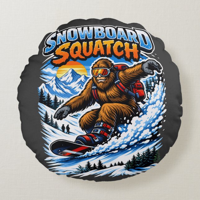 Almofada Redonda Snowboard Squatch – Divertido Bigfoot andando de s (Frente)