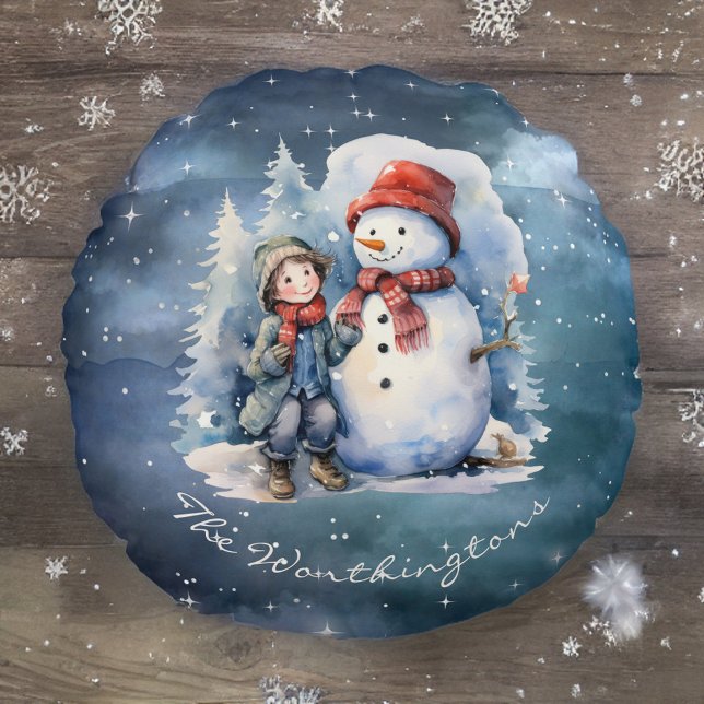 Almofada Redonda Snowman e Boy com Scarves Starry Night Monograma (Criador carregado)