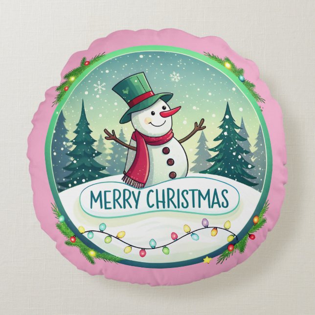 Almofada Redonda Snowman’s Joyful Christmas Welcome (Frente)