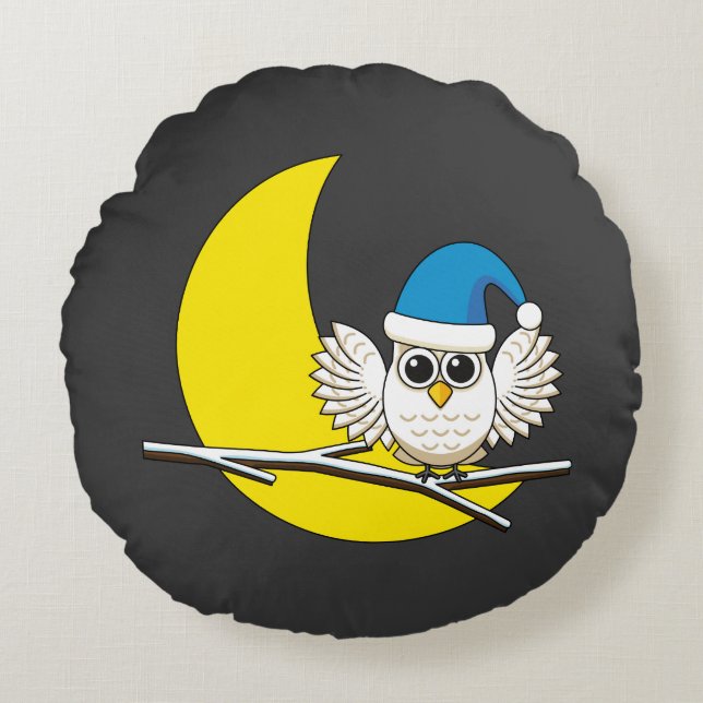 Almofada Redonda Snowy Owl em Nova Lua Noite de inverno (Frente)