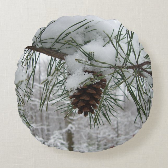 Almofada Redonda Snowy Pine Branch Winter Nature Fotografia (Frente)