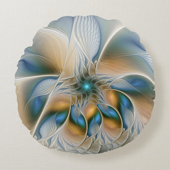 Almofada Redonda Soaring, Abstract Fantasy Fractal Art With Blue (Frente)