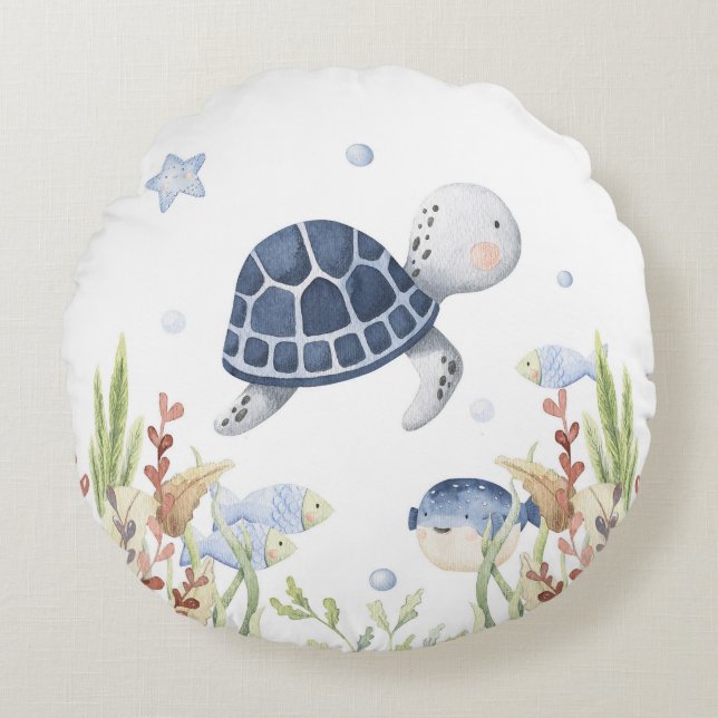 Almofada Redonda Sob o Mar Nursery Decor, Turtle (Frente)
