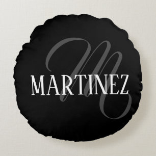 Almofada Redonda Sobrenome Personalizado Elegante Preto   Nome