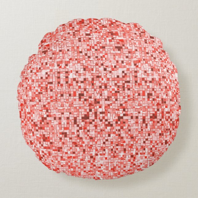 Almofada Redonda Sobreposição de pequenos quadrados, tons de vermel (Frente)