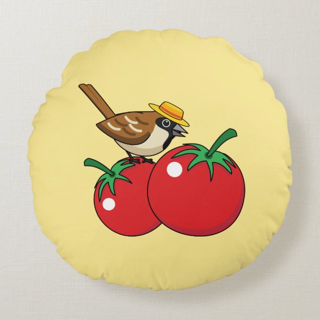 Almofada Redonda Sobreposição Orgânica Comendo Tomate Vermelho (Frente)