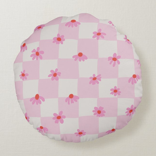 Almofada Redonda Soft Pink Daisy Checkerboard Floral Pattern (Verso)