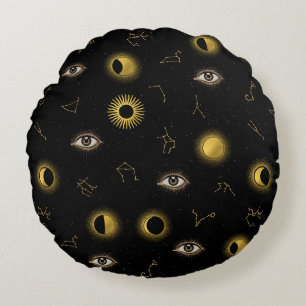 Almofada Redonda Sol Celestial Dourado Negro e Lua