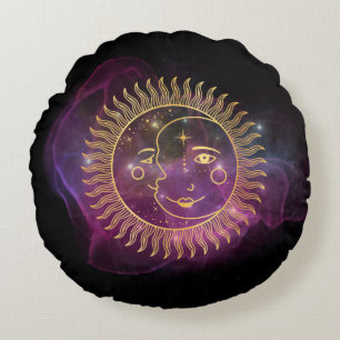 Almofada Redonda Sol Celestial Roxo e Lua