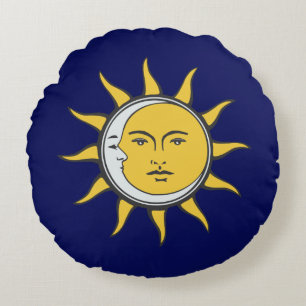 Almofada Redonda Sol Dourado e Lua Prateada em Azul Naval