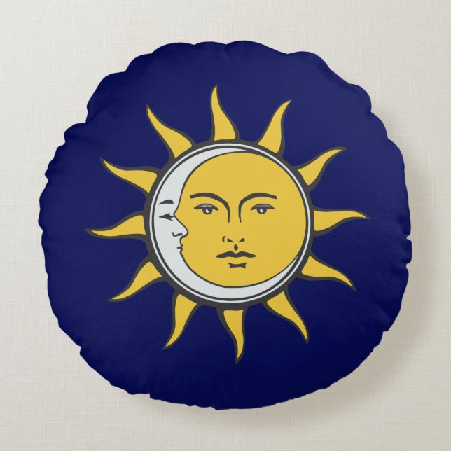 Almofada Redonda Sol Dourado e Lua Prateada em Azul Naval (Frente)