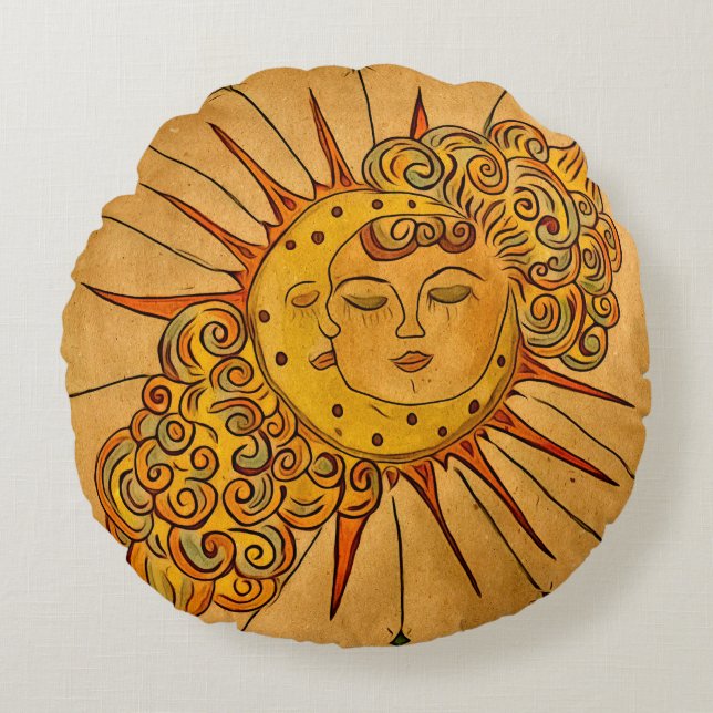 Almofada Redonda Sol e lua celestiais desenhados à mão (Frente)