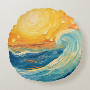 Almofada Redonda Sol e ondas de pintura a óleo costeiro