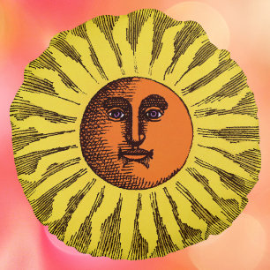 Almofada Redonda Sol Hippie Feliz Sorridente Amarelo Celestial Vint