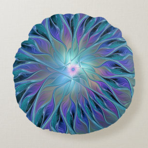 Almofada Redonda Sonho Flor Azul Roxo Arte Fractal Abstrata
