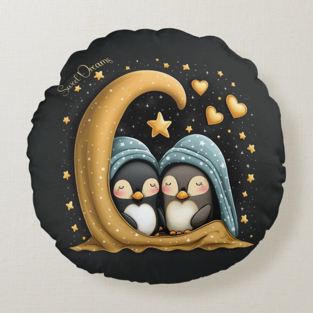 Almofada Redonda Sonhos Doces Design Fofo Pinguim (Frente)